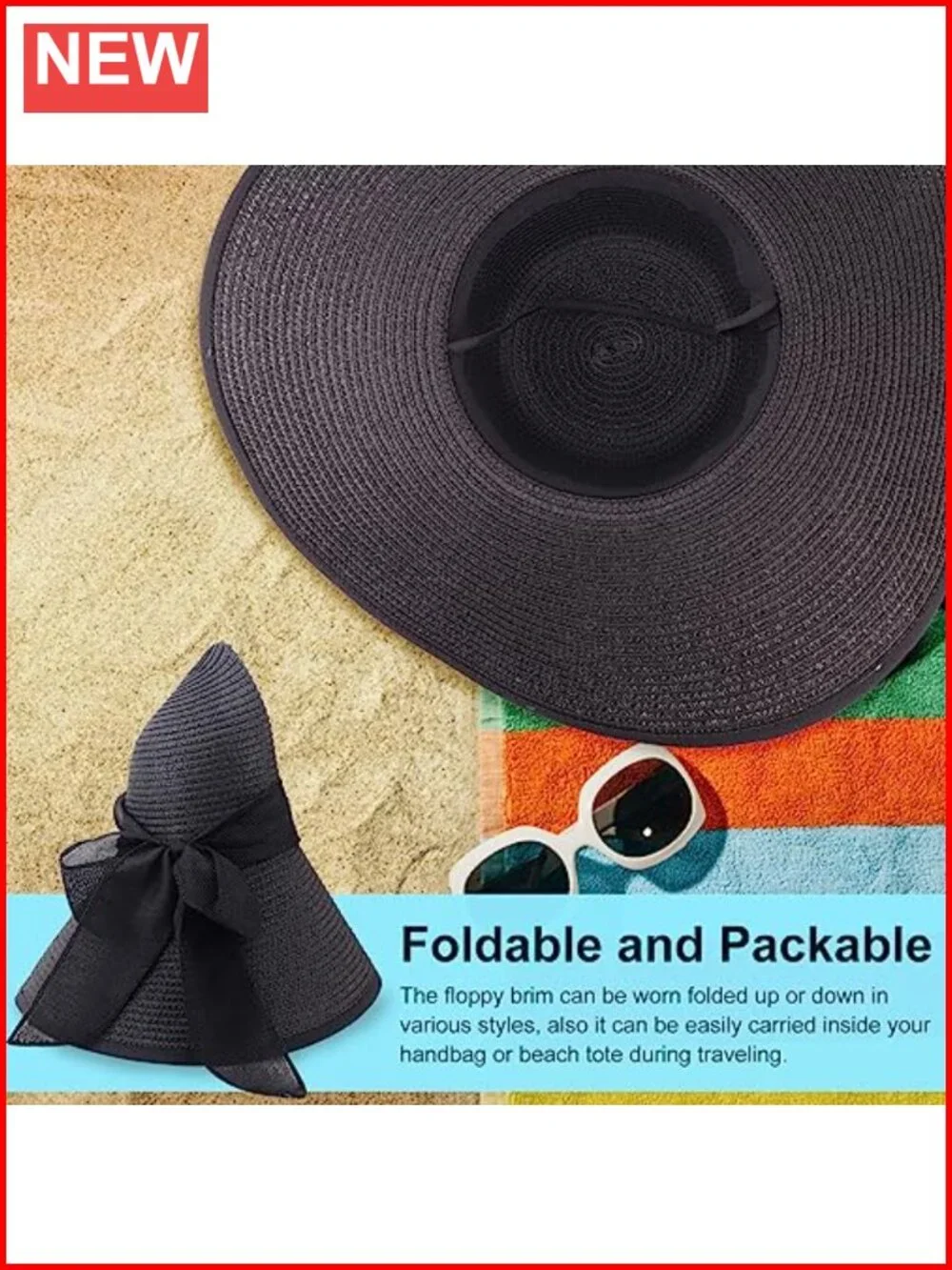 Wide Brim Foldable Straw Sun Hat UPF 50+ for Beach Vacation